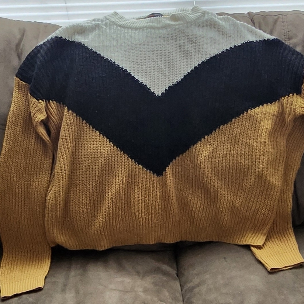 Ambiance Men's Chevron Colorblock Crewneck Sweater - Mustard, Black & Cream